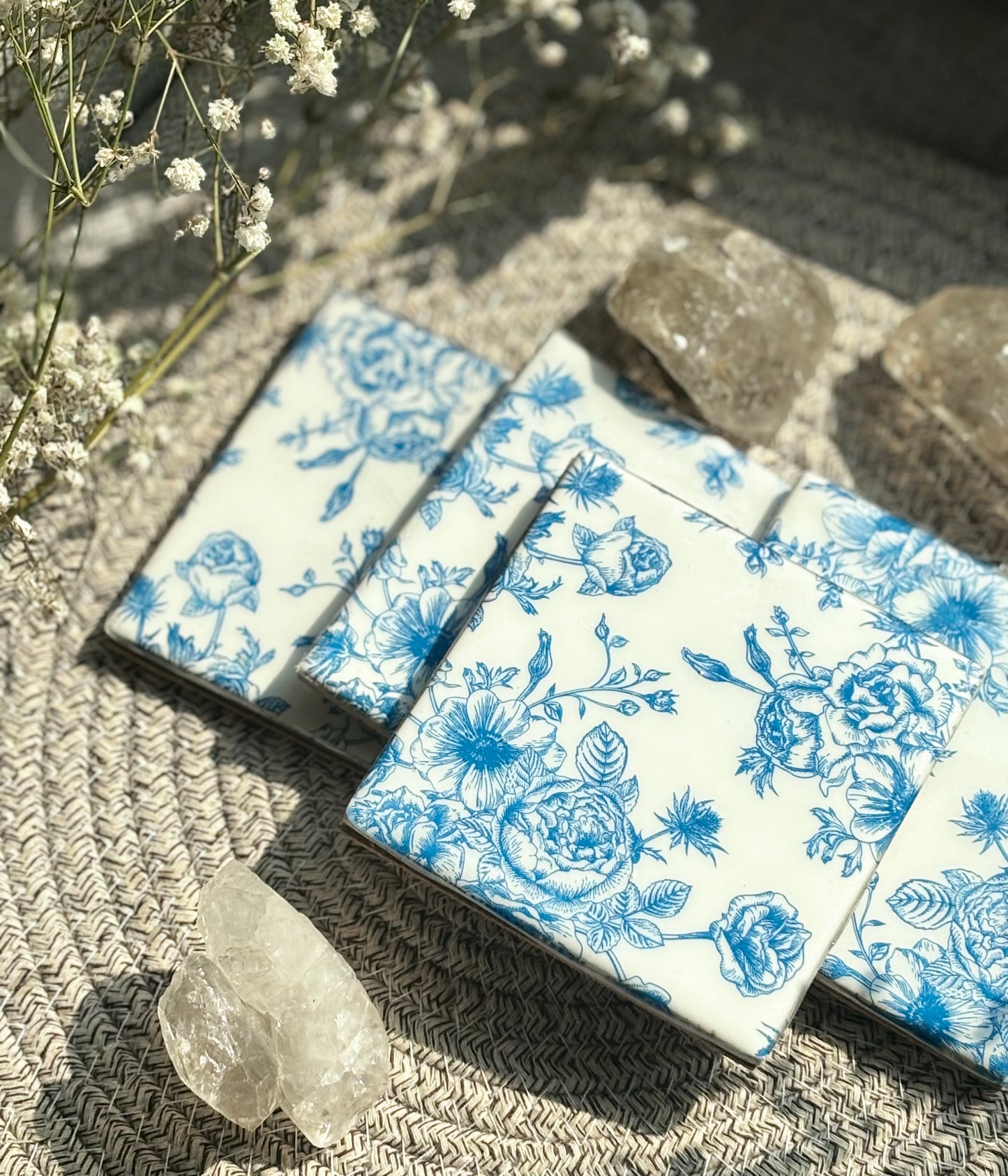 Blue Floral Print Ceramic Coasters