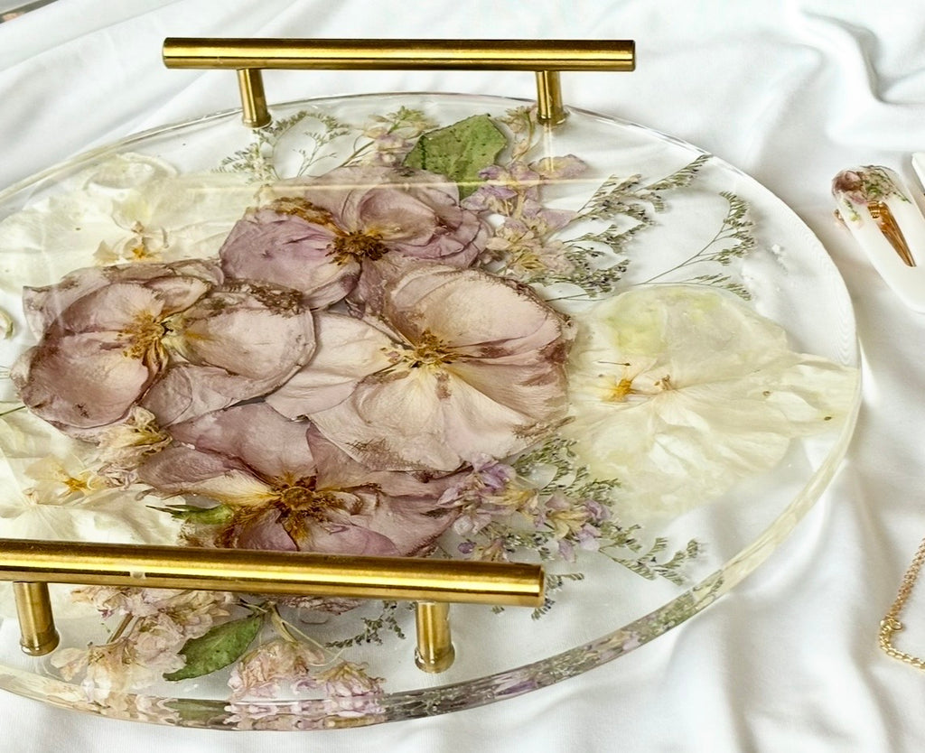 Pressed Flower Serving Tray - Handmade Floral Resin Tray With Handles