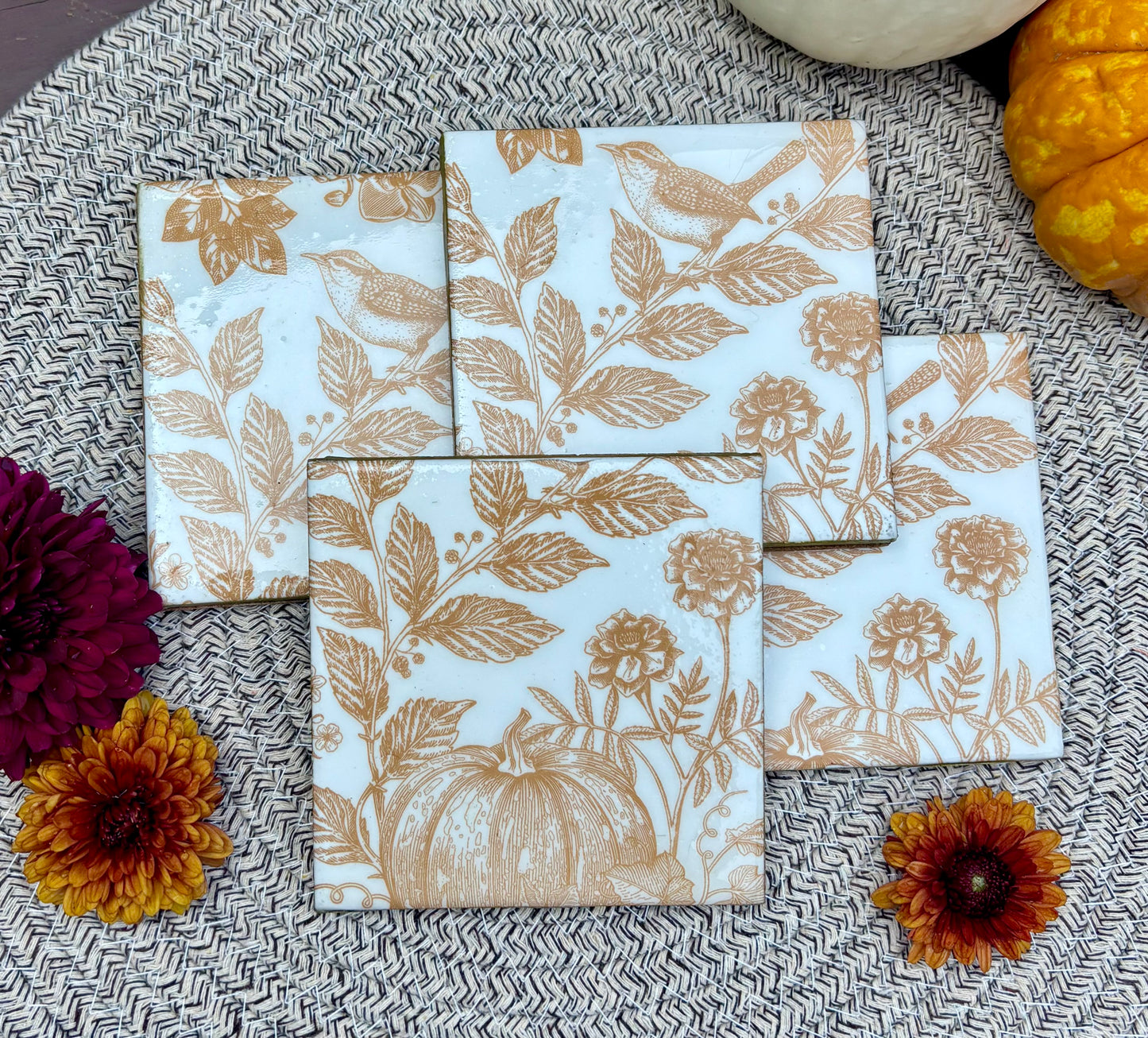 Pumpkin / Bird Print Ceramic Coasters