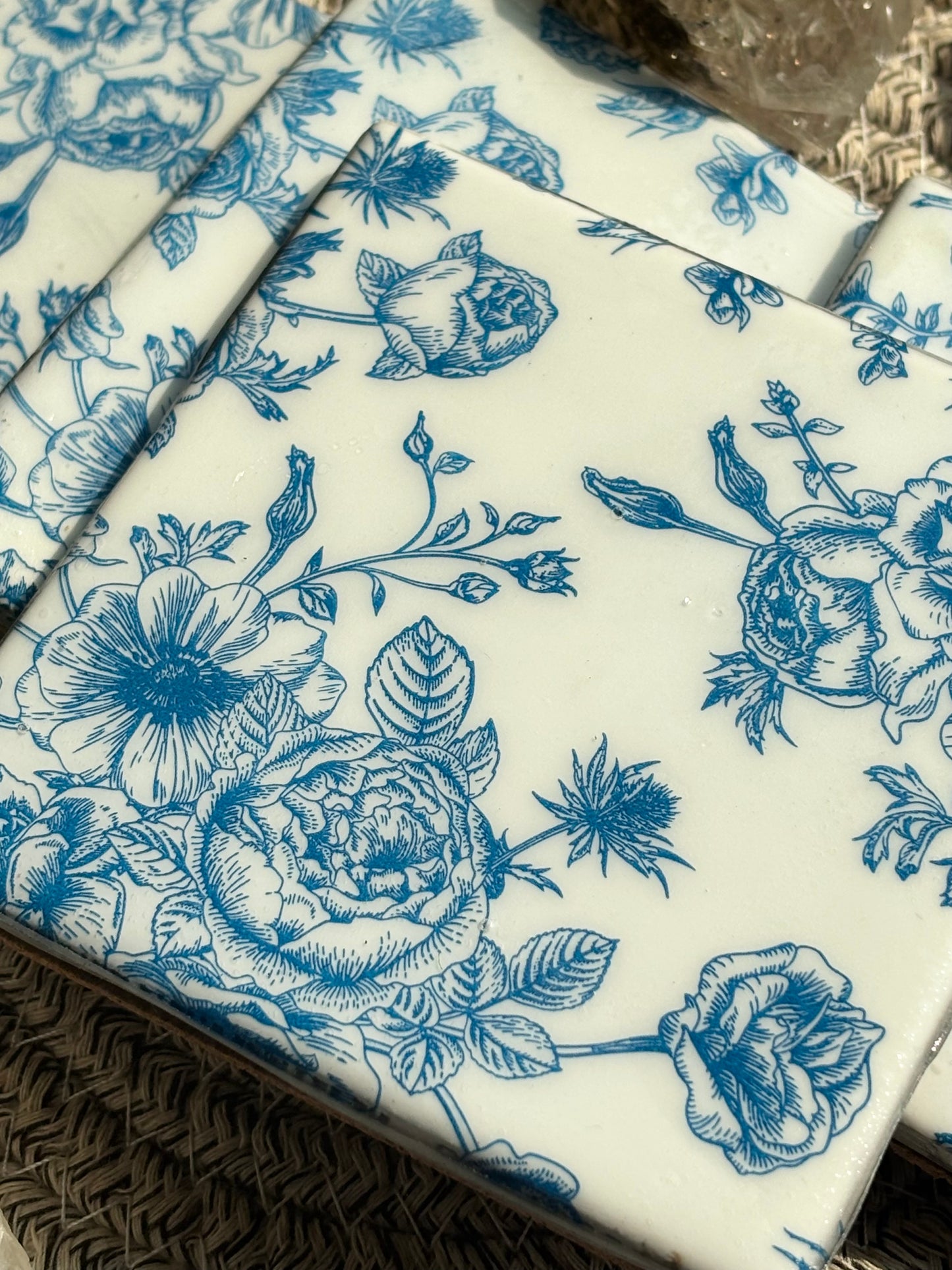 Blue Floral Print Ceramic Coasters